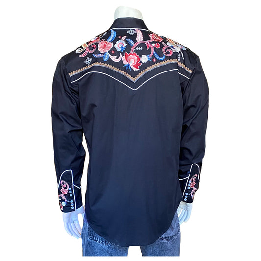 Rockmount Clothing Men's Vintage Black Pastel Floral Embroidery Western Shirt