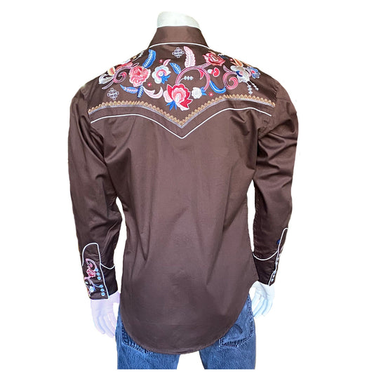 Rockmount Clothing Men's Vintage Brown Pastel Floral Embroidery Western Shirt