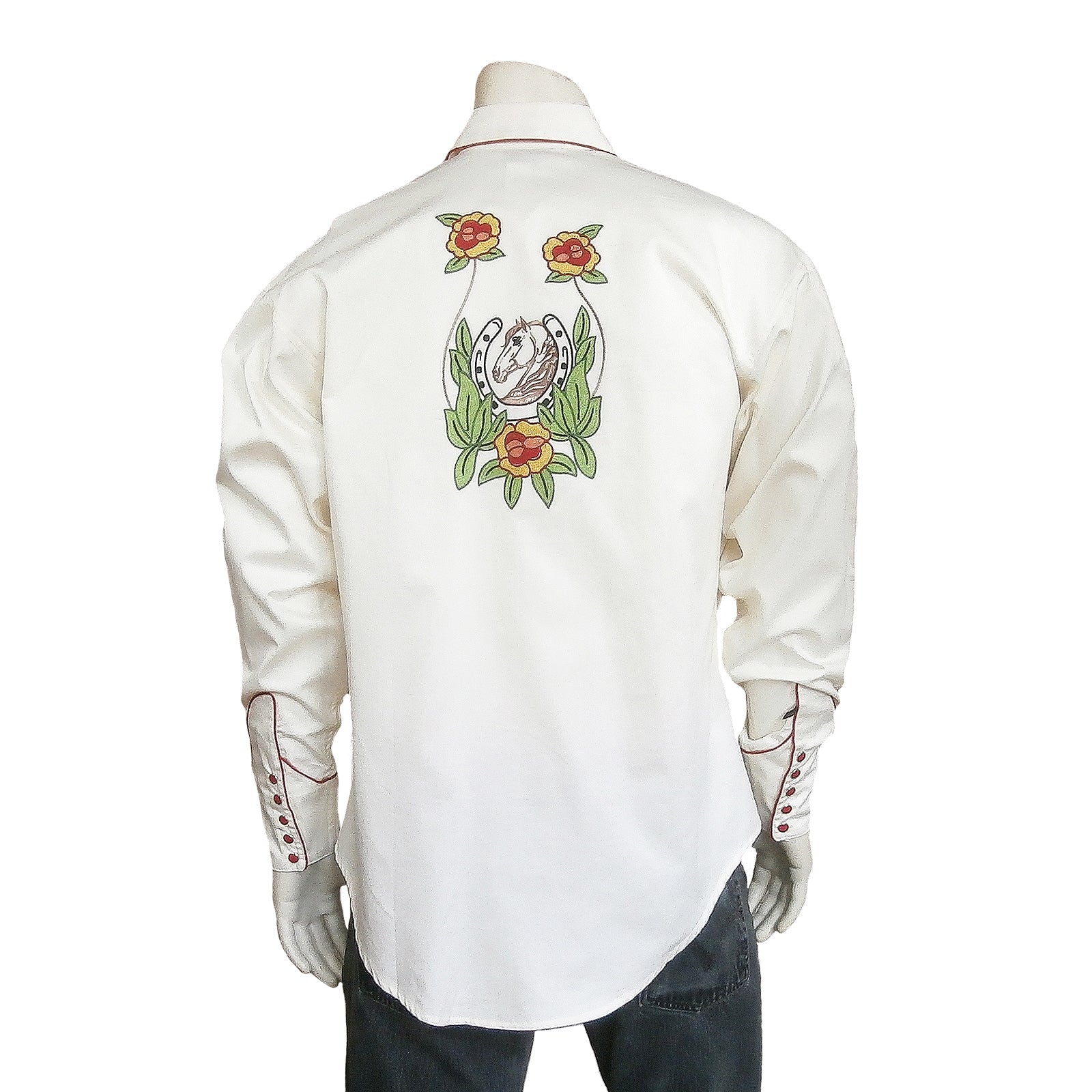 Rockmount Clothing Men's Vintage Horsehead & Floral Embroidered Western Shirt in Ivory