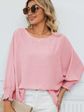 Smocked Lantern Sleeve Round Neck Blouse - Trendsi - Flyclothing LLC
