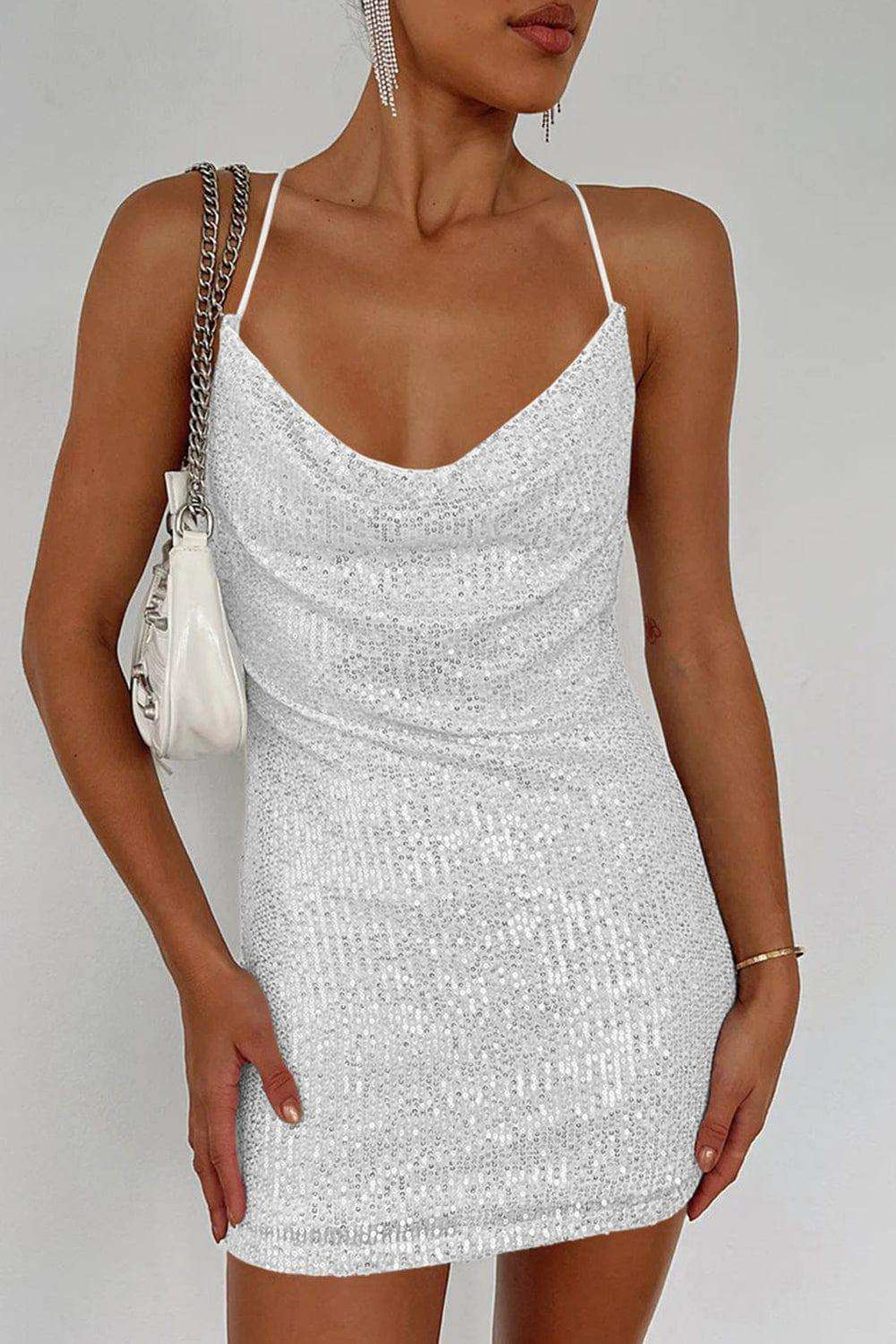 Cowl Neck Contrast Sequin Sleeveless Mini Dress - Trendsi - Flyclothing LLC