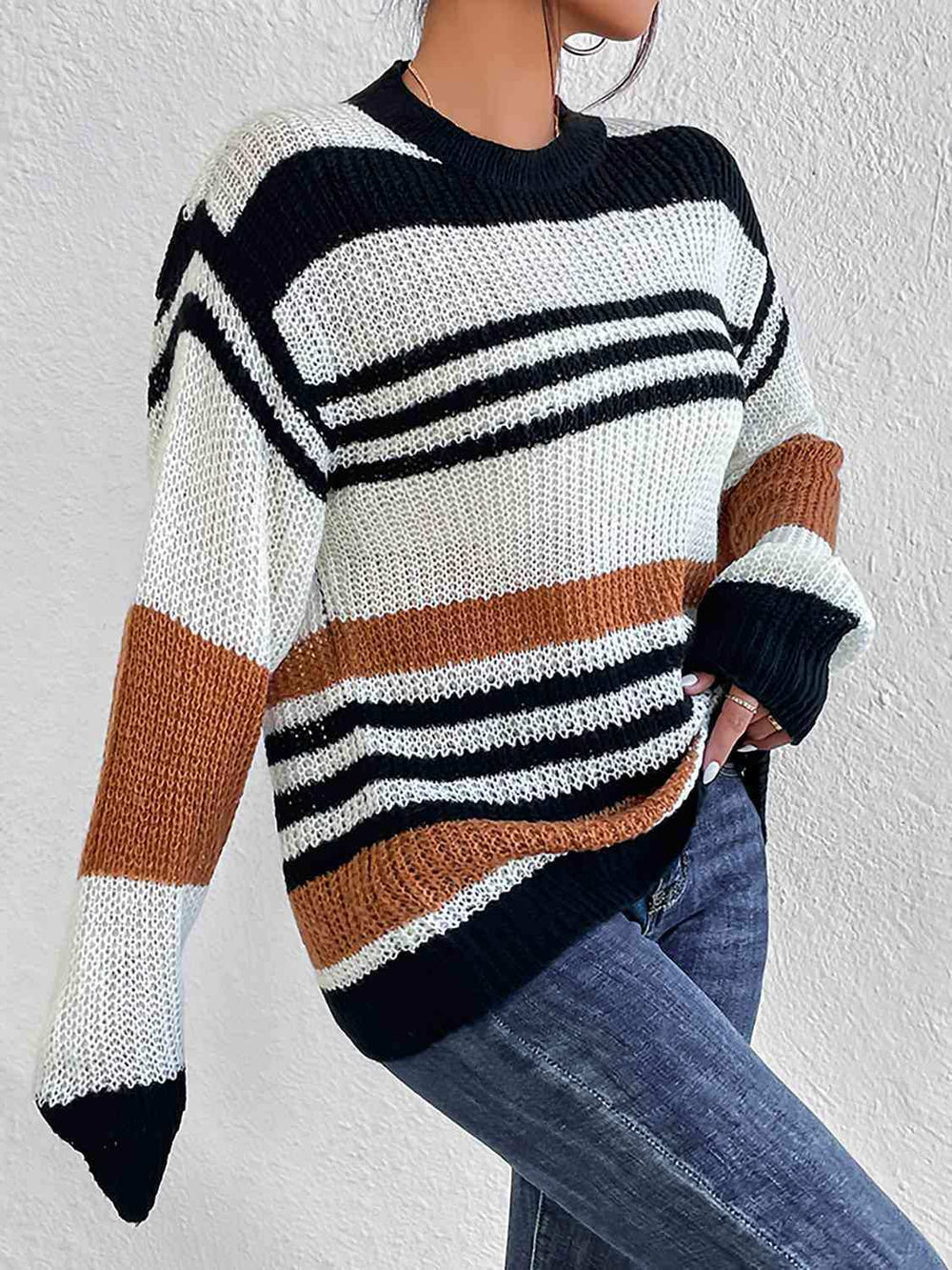 Striped Round Neck Sweater - Trendsi - Flyclothing LLC