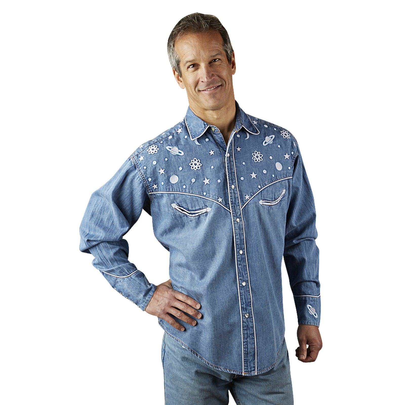 Men's Out of This World Embroidered Denim Western Shirt - Flyclothing LLC