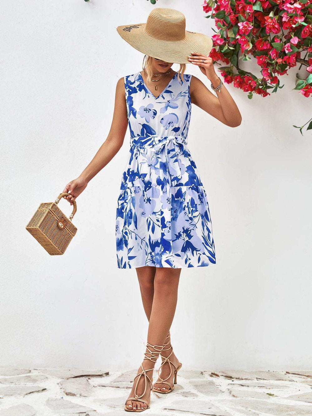 Floral V-Neck Tie Waist Sleeveless Dress - Trendsi - Flyclothing LLC
