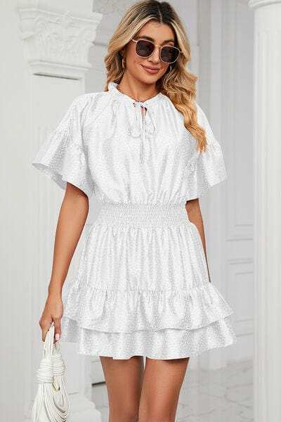 Smocked Tie Neck Flounce Sleeve Dress - Trendsi - Flyclothing LLC