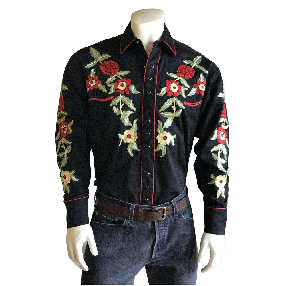 Rockmount Ranch Wear Mens Black Floral Embroidery Western Shirt - Rockmount Clothing - Flyclothing LLC