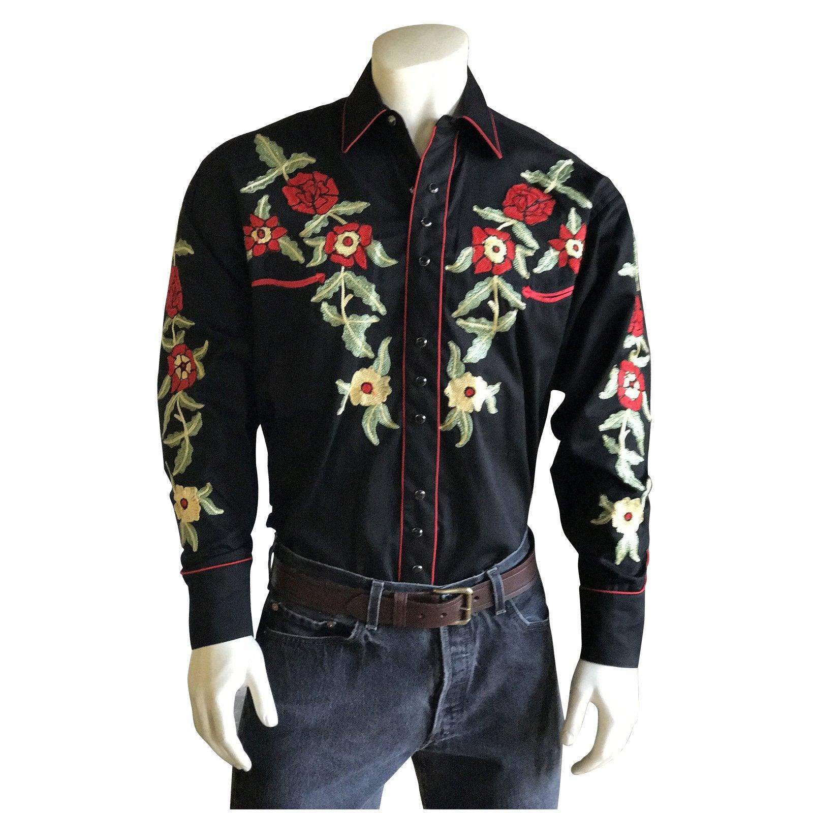 Men's Black Vintage Floral Embroidery Western Shirt - Rockmount Clothing - Flyclothing LLC