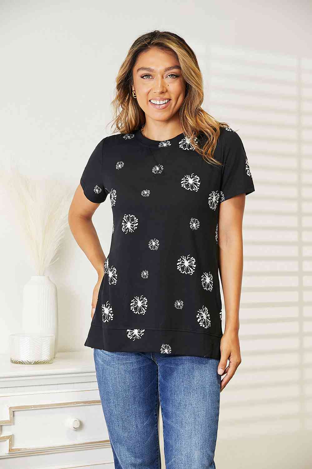 Double Take Dandelion Print Round Neck T-Shirt - Trendsi - Flyclothing LLC