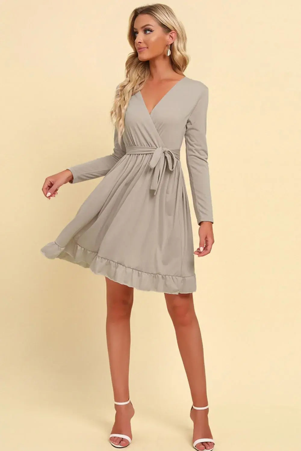 Long Sleeve Tie Waist Ruffle Hem Dress - Trendsi - Flyclothing LLC