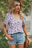 Floral V-Neck Short Sleeve T-Shirt - Trendsi - Flyclothing LLC