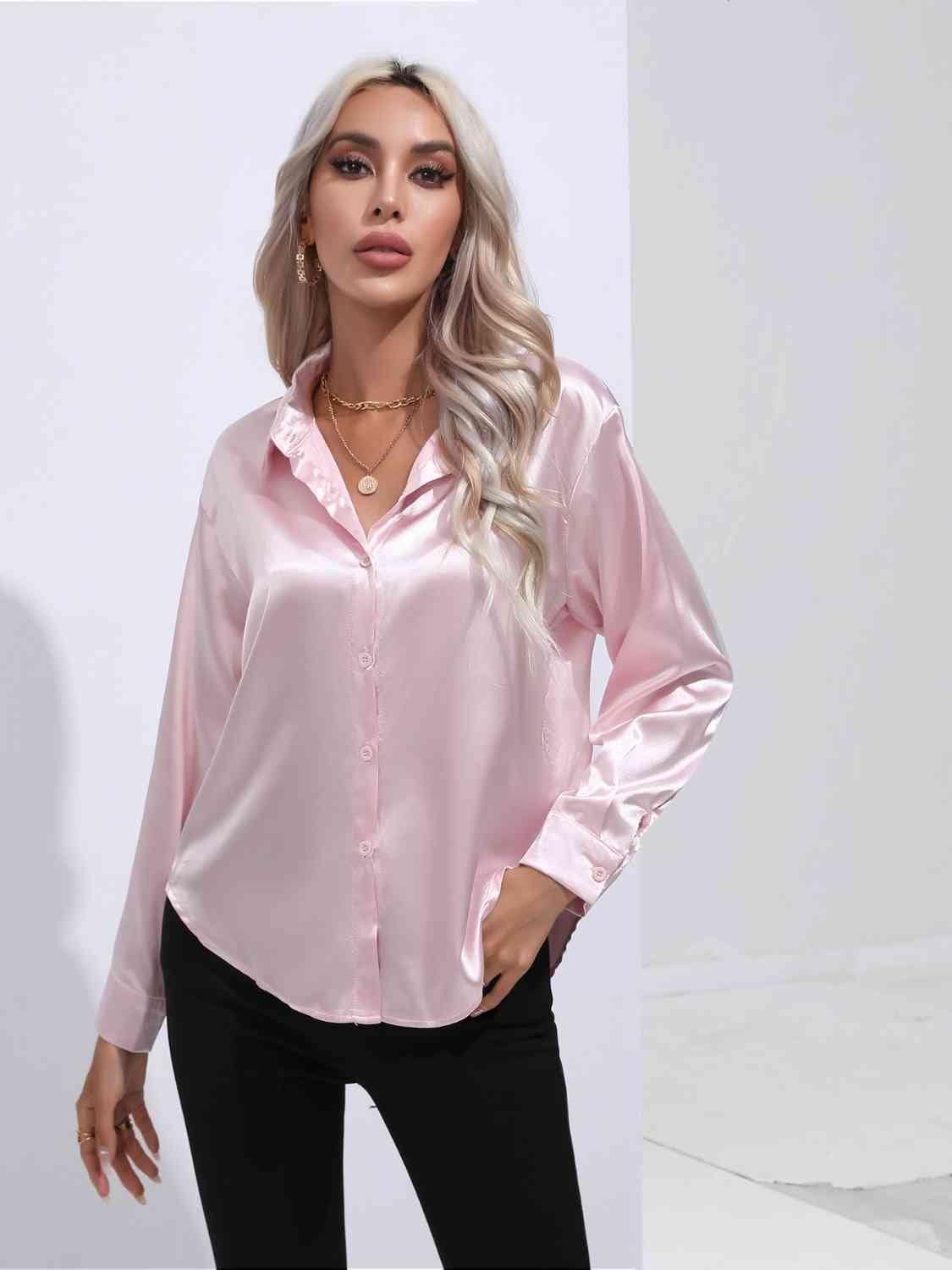 Collared Neck Buttoned Long Sleeve Shirt - Trendsi
