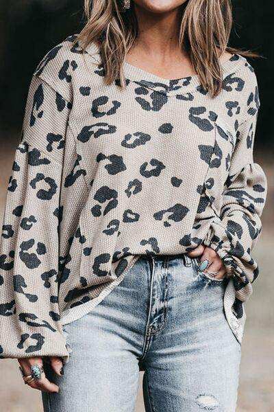 Plus Size Leopard V-Neck Dropped Shoulder T-Shirt - Trendsi - Flyclothing LLC