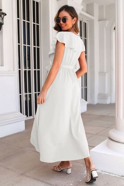 Ruffled Surplice Tie Waist Slit Midi Dress - Trendsi