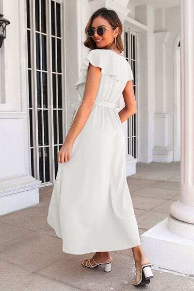 Ruffled Surplice Tie Waist Slit Midi Dress - Trendsi - Flyclothing LLC