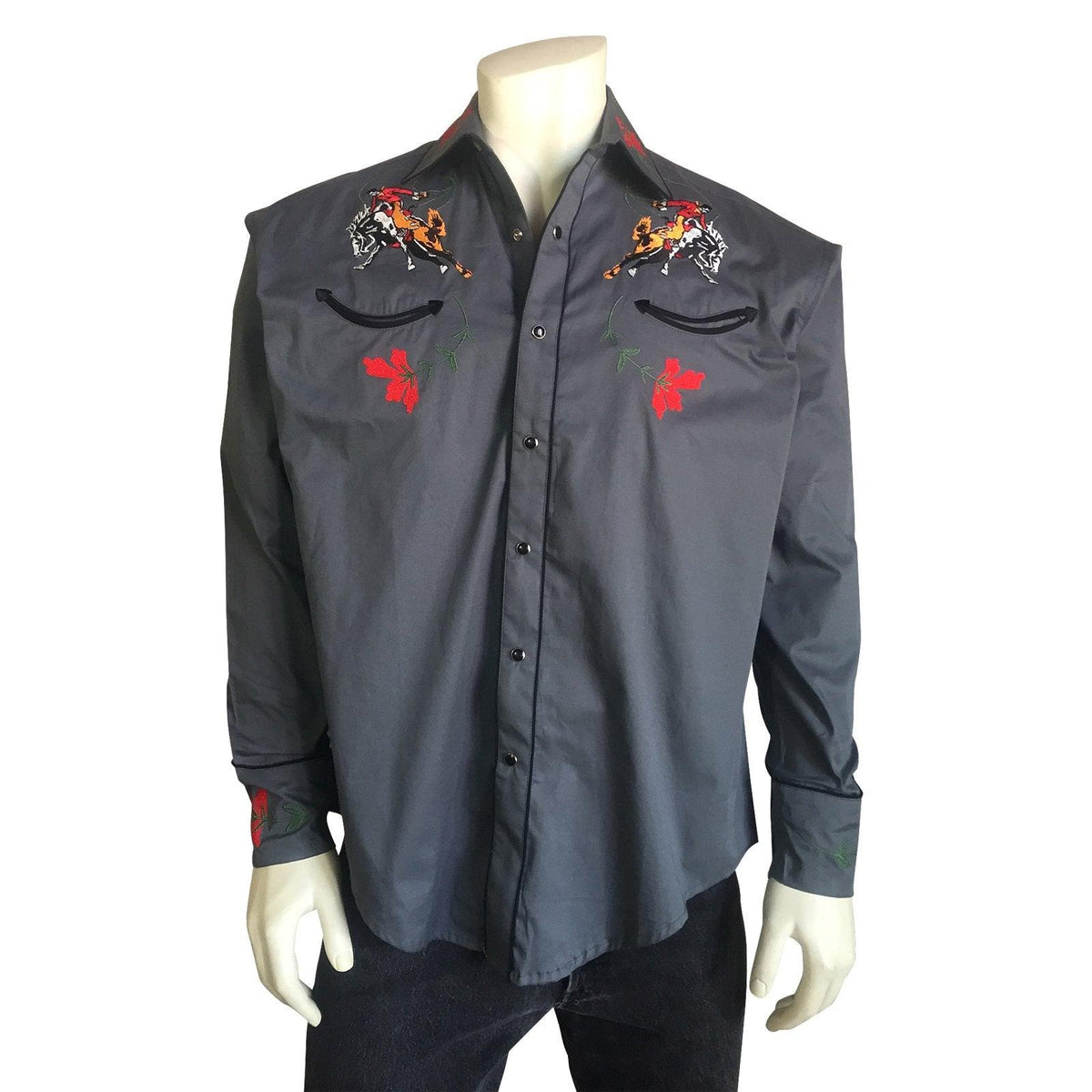 Men's Vintage Bronc Embroidered Western Shirt in Grey - Flyclothing LLC