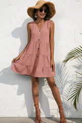 Decorative Button V-Neck Tiered Sleeveless Dress - Trendsi - Flyclothing LLC