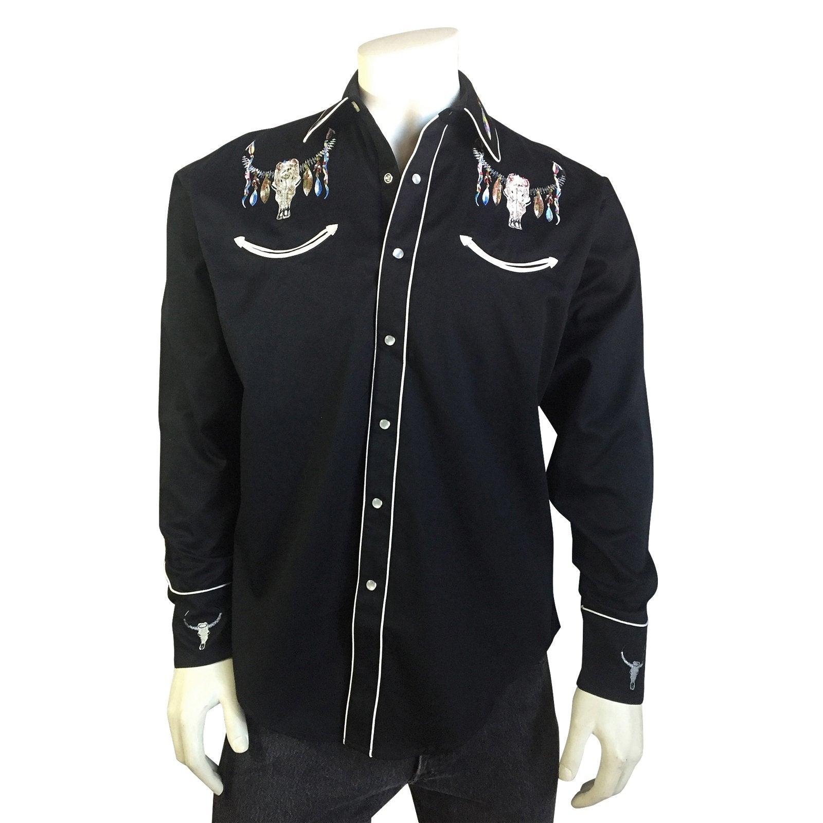 Men's Steer Skulls with Feathers Embroidered Western Shirt in Black - Flyclothing LLC