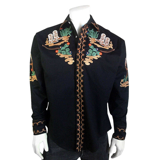 Men's Cactus & Cowboy Boots Embroidered Western Shirt in Black - Rockmount Clothing - Flyclothing LLC