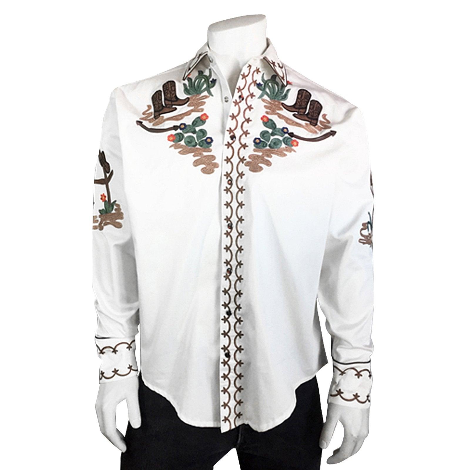 Men's Cactus & Cowboy Boots Embroidered Western Shirt in Ivory - Flyclothing LLC