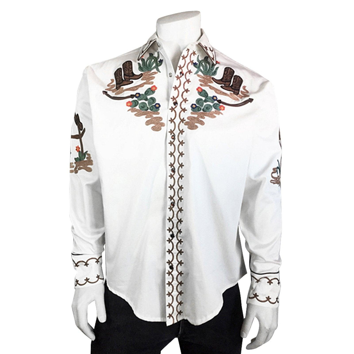 Men's Cactus & Cowboy Boots Embroidered Western Shirt in Ivory - Flyclothing LLC