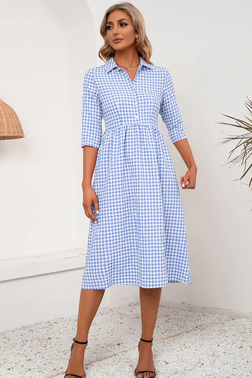 Plaid Collared Neck Midi Dress - Trendsi - Flyclothing LLC
