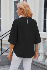 Round Neck Slit Half Sleeve Top - Trendsi