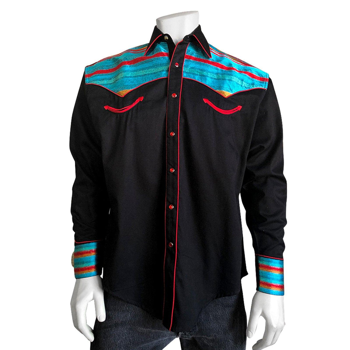 Men's Serape 2-Tone Embroidery Black & Turquoise Western Shirt - Flyclothing LLC