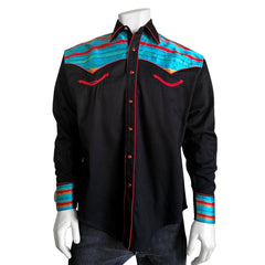 Men's Serape 2-Tone Embroidery Black & Turquoise Western Shirt - Rockmount Clothing