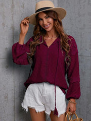 Crochet Tassel Tie Neck Long Sleeve Blouse - Trendsi