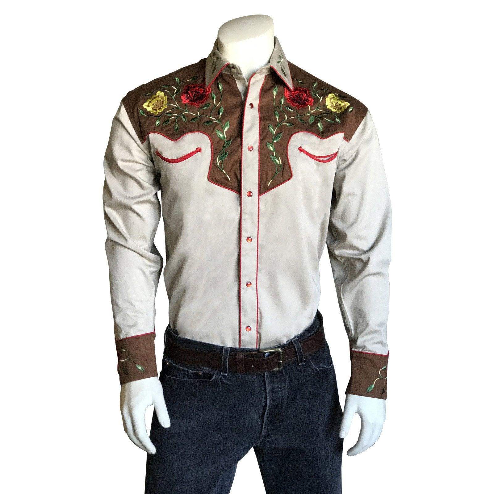 Rockmount Ranch Wear Mens 2-Tone Tan & Brown Floral Embroidery Western Shirt - Rockmount Clothing - Flyclothing LLC