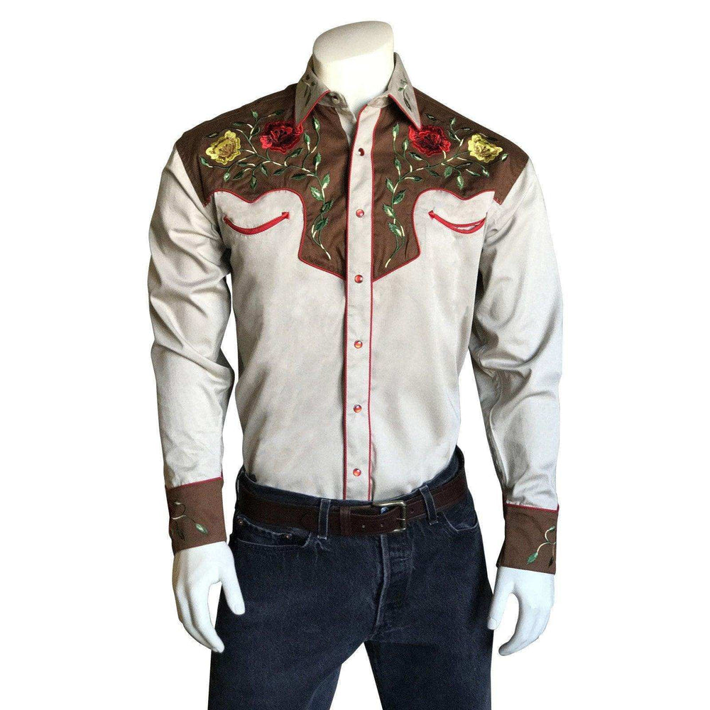 Men's 2-Tone Brown & Tan Floral Embroidery Western Shirt - Rockmount Clothing - Flyclothing LLC