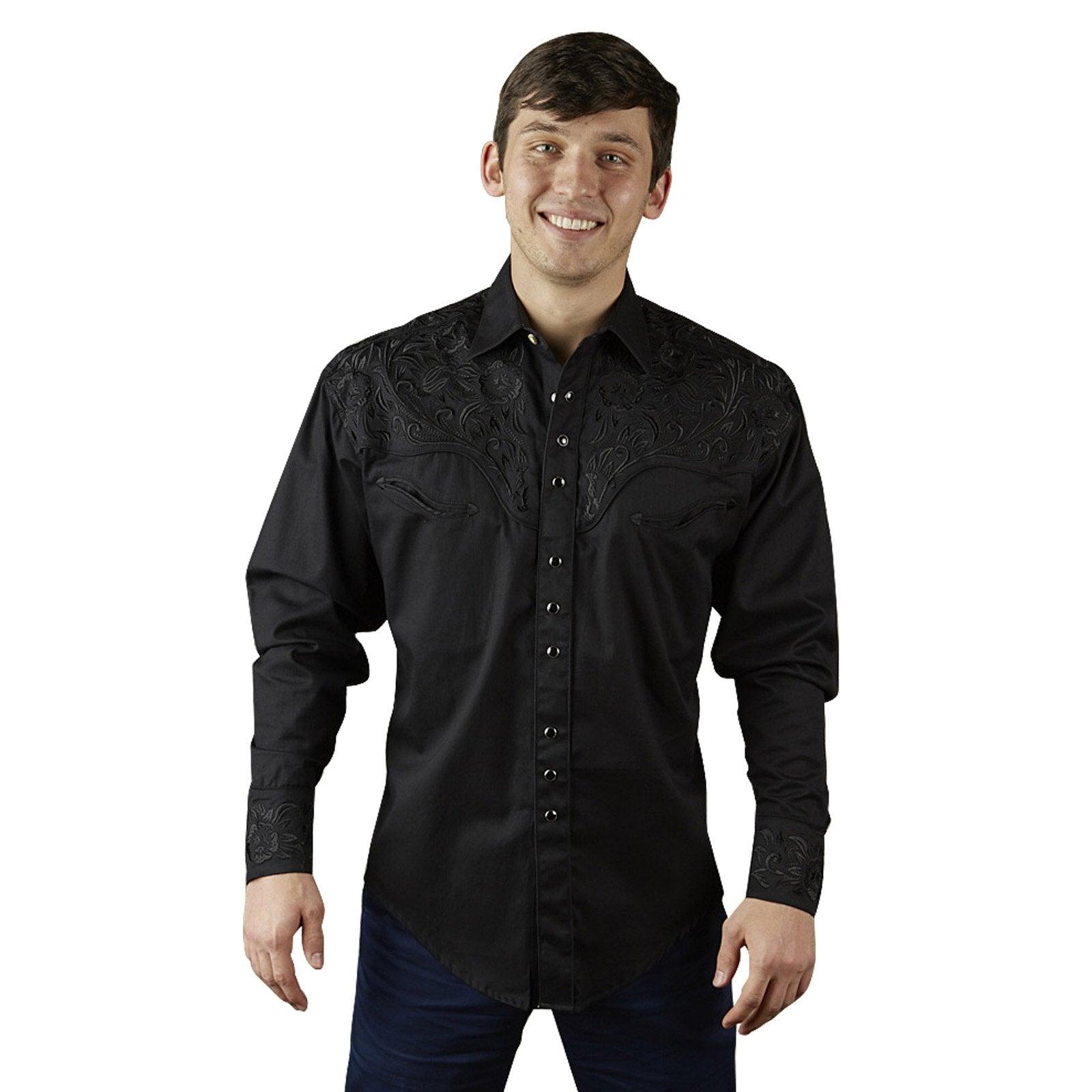 Men's Vintage Tooling Embroidered Black-on-Black Western Shirt - Flyclothing LLC