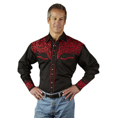 Men's Vintage Tooling Embroidered Black & Red Western Shirt - Rockmount Clothing