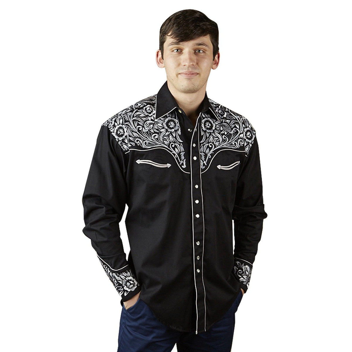 Men's Vintage Tooling Embroidered Black & Silver Western Shirt - Flyclothing LLC