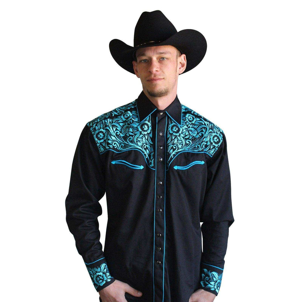 Rockmount Ranch Wear Mens Floral Tooling Black & Turquoise Western Shirt - Rockmount Clothing - Flyclothing LLC