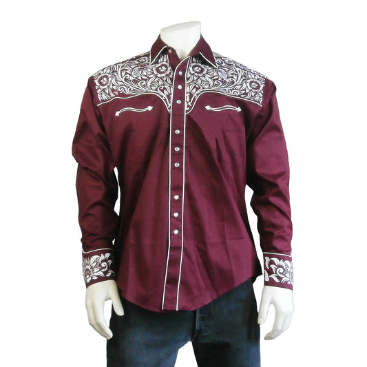 Rockmount Clothing Men's Vintage Tooling Embroidered Burgundy & Silver Western Shirt
