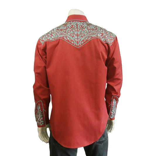 Rockmount Clothing Men's Vintage Tooling Embroidered Coral & Turquoise Western Shirt