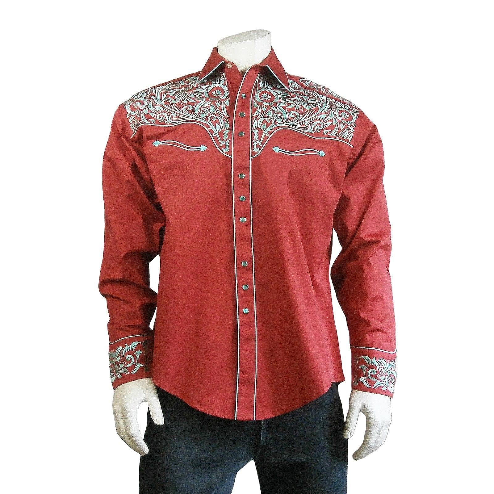 Rockmount Clothing Men's Vintage Tooling Embroidered Coral & Turquoise Western Shirt - Rockmount Clothing