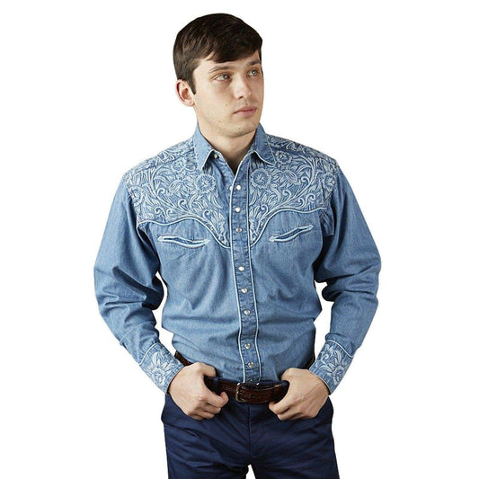 Men's Vintage Tooling Embroidered Denim & Blue Western Shirt - Rockmount Clothing - Flyclothing LLC