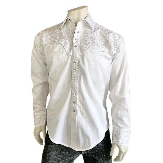 Men's Vintage Tooling Embroidered White-on-White Western Shirt - Rockmount Clothing - Flyclothing LLC
