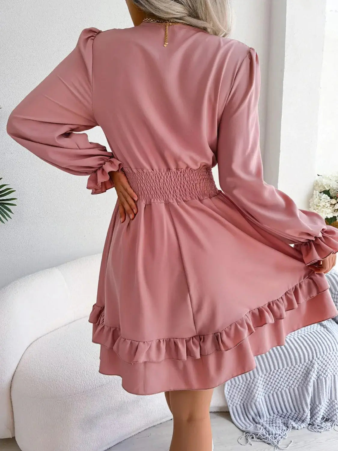 Tie Front Smocked Waist Flounce Sleeve Dress - Trendsi - Flyclothing LLC