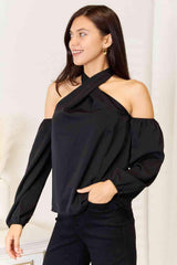 Double Take Grecian Cold Shoulder Long Sleeve Blouse - Trendsi - Flyclothing LLC