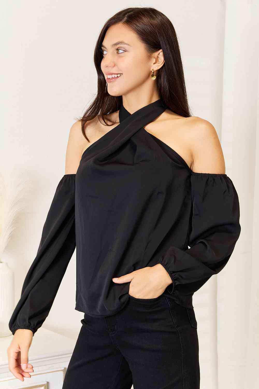 Double Take Grecian Cold Shoulder Long Sleeve Blouse - Trendsi - Flyclothing LLC