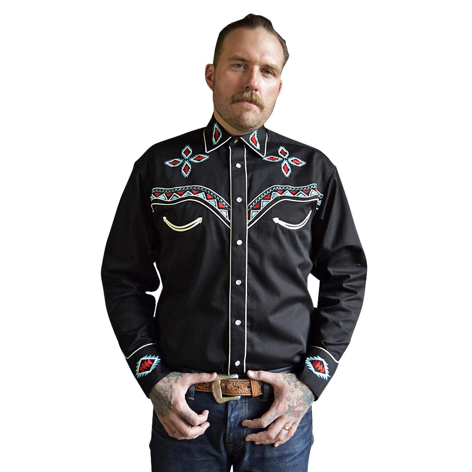 Men's Native Pattern Embroidery Black Western Shirt - Flyclothing LLC