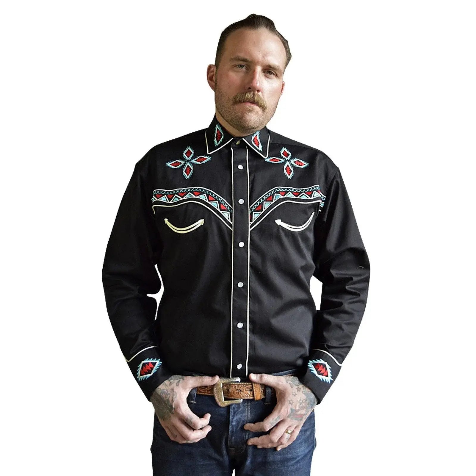 Men's Native Pattern Embroidery Black Western Shirt - Rockmount Clothing - Flyclothing LLC