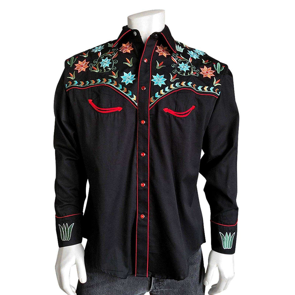 Men’s Agave Cactus Black Floral Embroidery Western Shirt - Rockmount Clothing - Flyclothing LLC