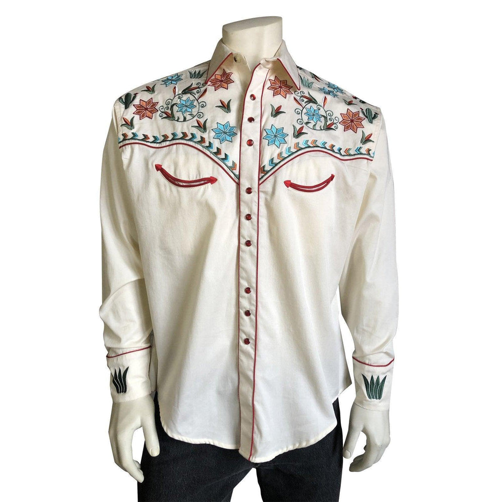 Men’s Agave Cactus Ivory Floral Embroidery Western Shirt - Rockmount Clothing