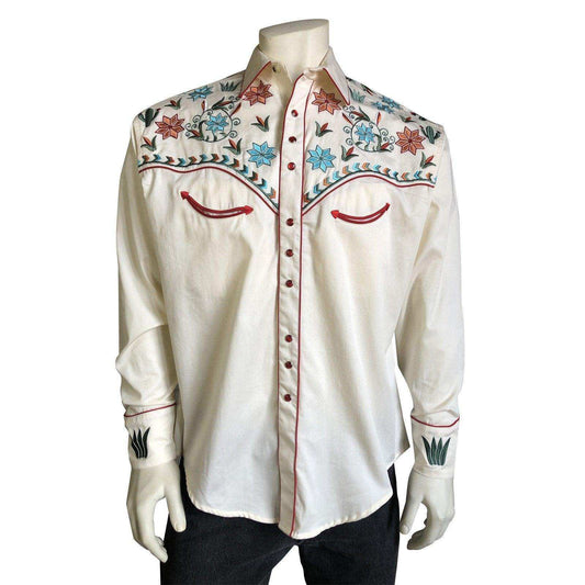 Men’s Agave Cactus Ivory Floral Embroidery Western Shirt - Rockmount Clothing - Flyclothing LLC