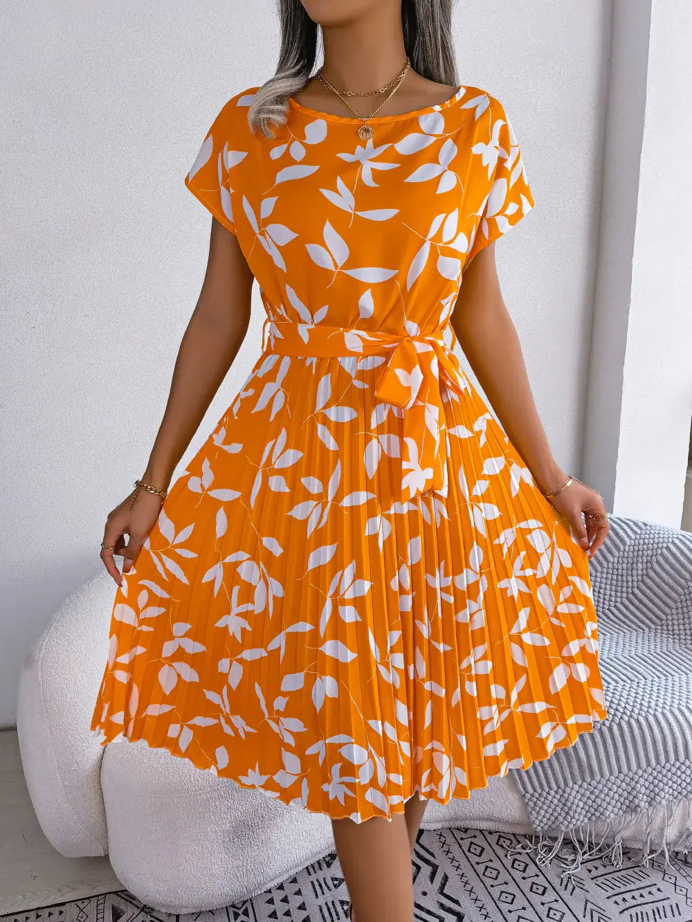Printed Round Neck Short Sleeve Pleated Dress - Trendsi - Flyclothing LLC