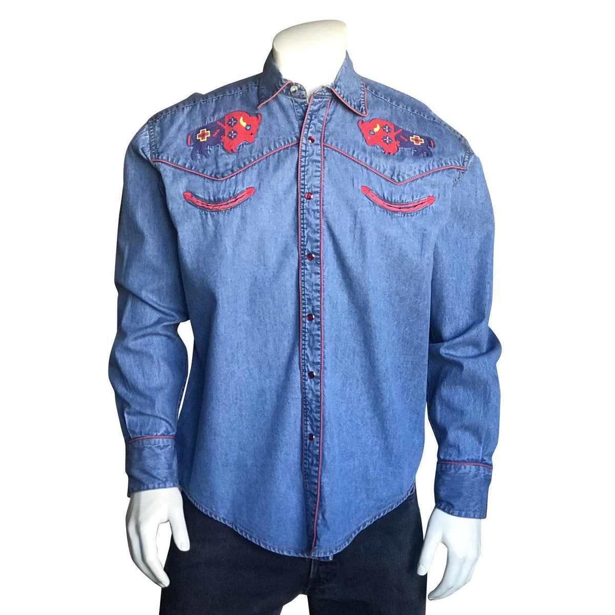 Men’s American Bison Denim Embroidered Western Shirt - Flyclothing LLC
